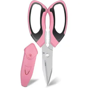 Heavy Duty 8'' Multipurpose Scissors with Protective Cover, Stainless Steel Serrated Blades, Easy Cutting Cardboard, Leather, Fabric, Wires (PINK)