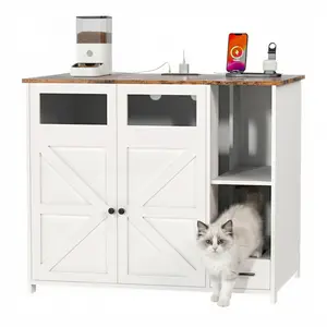 [Bellemave] Hidden Cat Litter Box Enclosure Furniture – Large Dog-Proof Litter Box Cabinet with Power Strip, Compatible with Large Self-Cleaning Litter Boxes On-Site