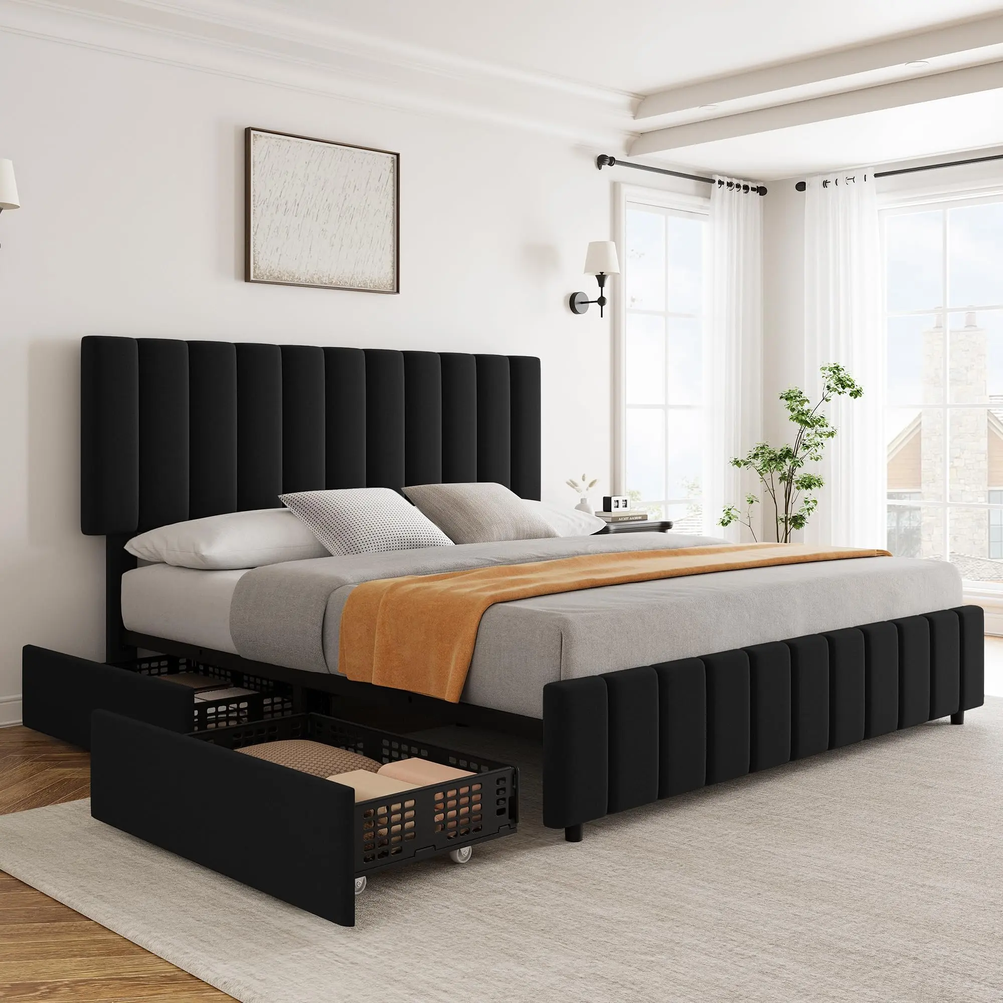 Garvee Queen Velvet Upholstered Bed Frame with 4 Storage Drawers, Adjustable Upholstered Headboard, Wooden Slats Support, No Box Spring Needed, Black Platform Bed Frame, Queen Bed Frame, Velvet Upholstered Bed Frames