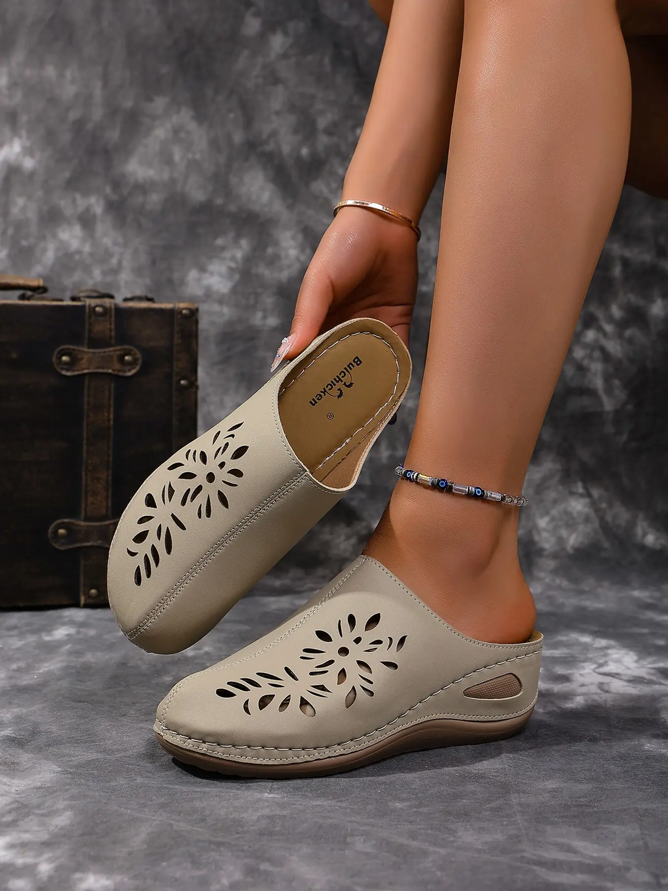New Women's Floral Cutout Mule Sandals, Lightweight PU Sole, Comfortable Wedge Heel, Casual Summer Shoes, Round Toe, Medium Width, Slip On Mules