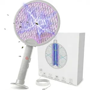 Portable Electric Fly Swatter Foldable Bug Zapper Racket, 2 in 1 Mosquito Killer for Gnats, Mosquitoes & More, Purple Attractant Light, USB Rechargeable with Standing Base & Charging Cable, 3-Layer Safety Mesh for Indoor, Backyard, Camping