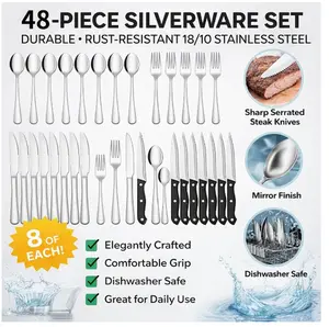 48 piece matte silverware set, high-end stainless steel tableware, durable modern tableware combination for multiple people, including spoon, fork, and knife, suitable for family gatherings, holiday parties, and friend gatherings
