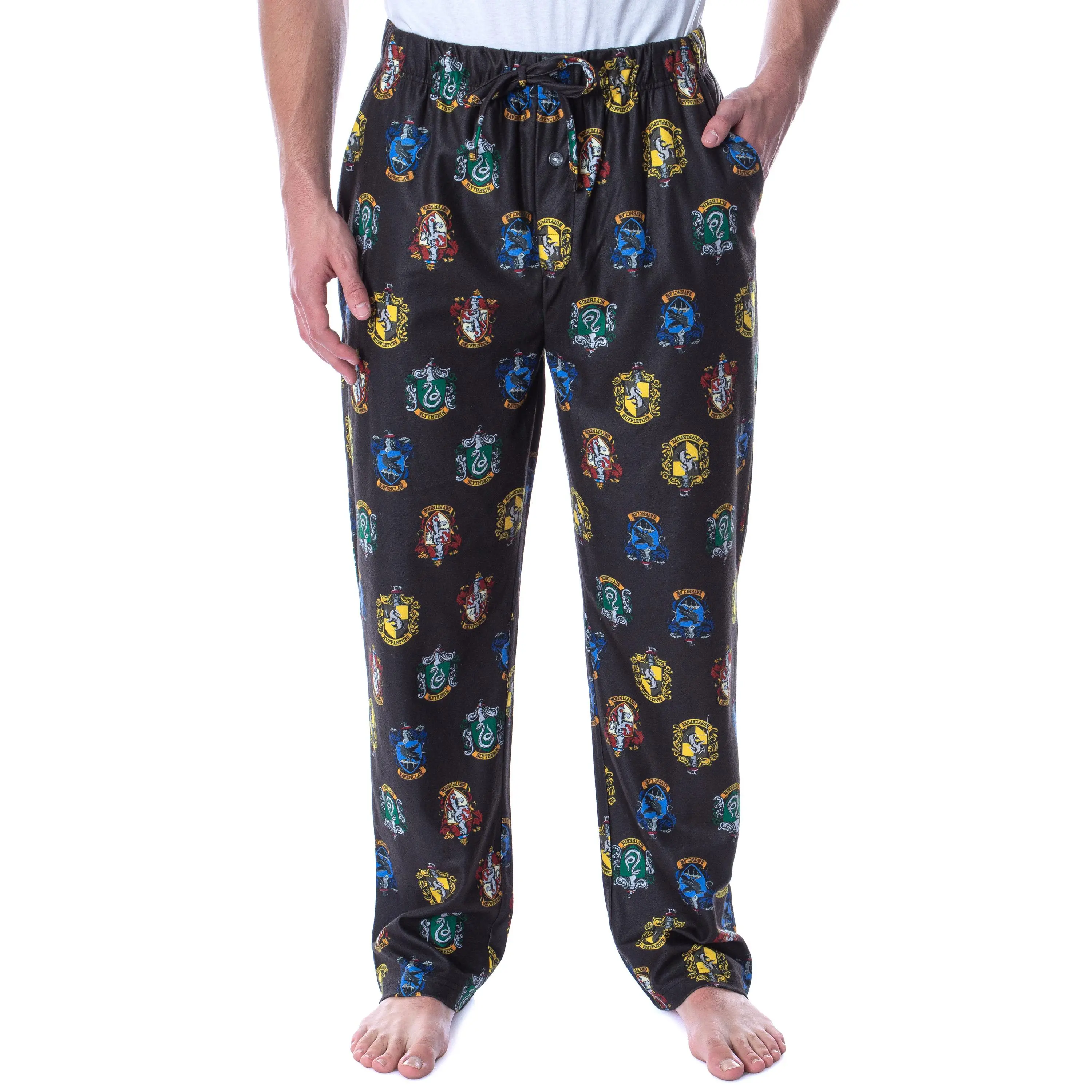 Warner Bros Harry Potter Men's Hogwarts Crests Print Pajama Pants, Soft Polyester Loungewear Clothes for Men and Women, Pajama Set