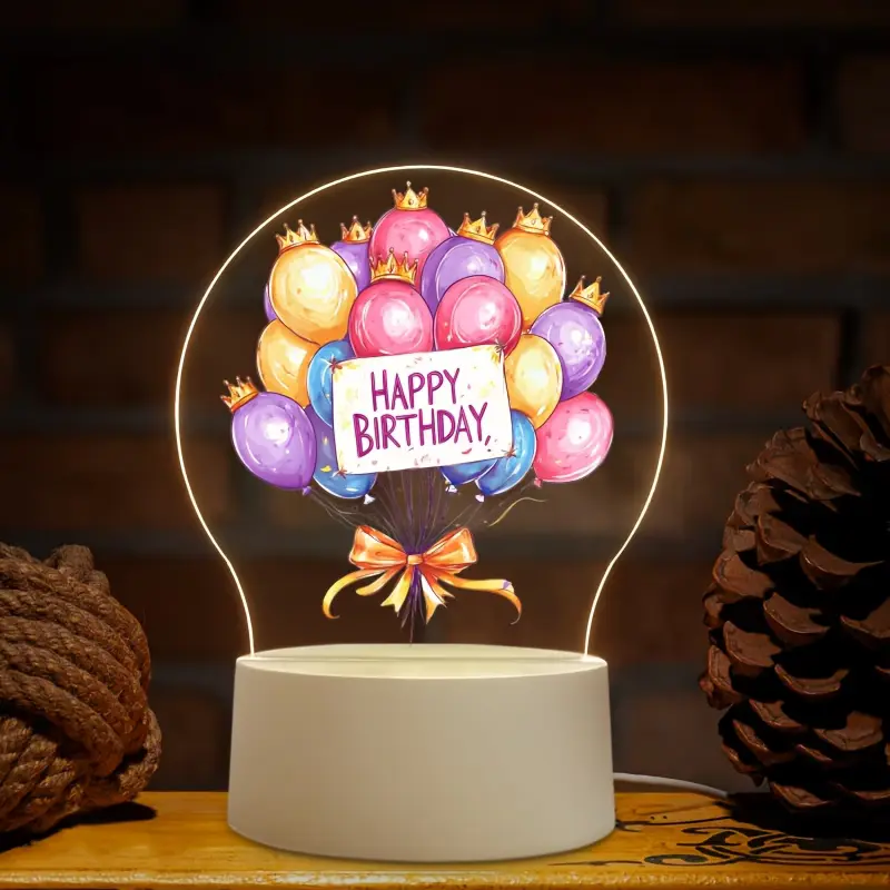 LED Acrylic Glass Table Lamp - 2D Flat Round Design, Crown Balloon Happy Birthday Night Light, Ambient Mood Lighting, Creative Look, Festive Glow, Heartfelt Keepsake Gift for Friends, Soft Warm Bedroom Desk Decor, Indoor Use