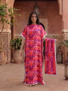 Elegant Long Robe Set, Multicolor Geometric Print Shawl, Moomoo Dress + Headscarf, Boho Style, Casual Wear, Beach Sun Protection Silk Scarf, Women