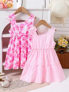 Girl's Striped Printed Dress & Floral Print Dress, Cute Casual Sleeveless Bow Decor A Line Dress for Summer, Kids Clothes for Daily Wear, Spring Summer Dress, Floral Pattern Dress, Sundress