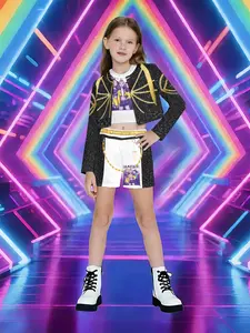 Girls Kpop Stage with Gold Sparkly Short Jacket, Vest and Shorts Set, Fitted Jazz Dance Clothing for Performance, Jazz Dance Ready
