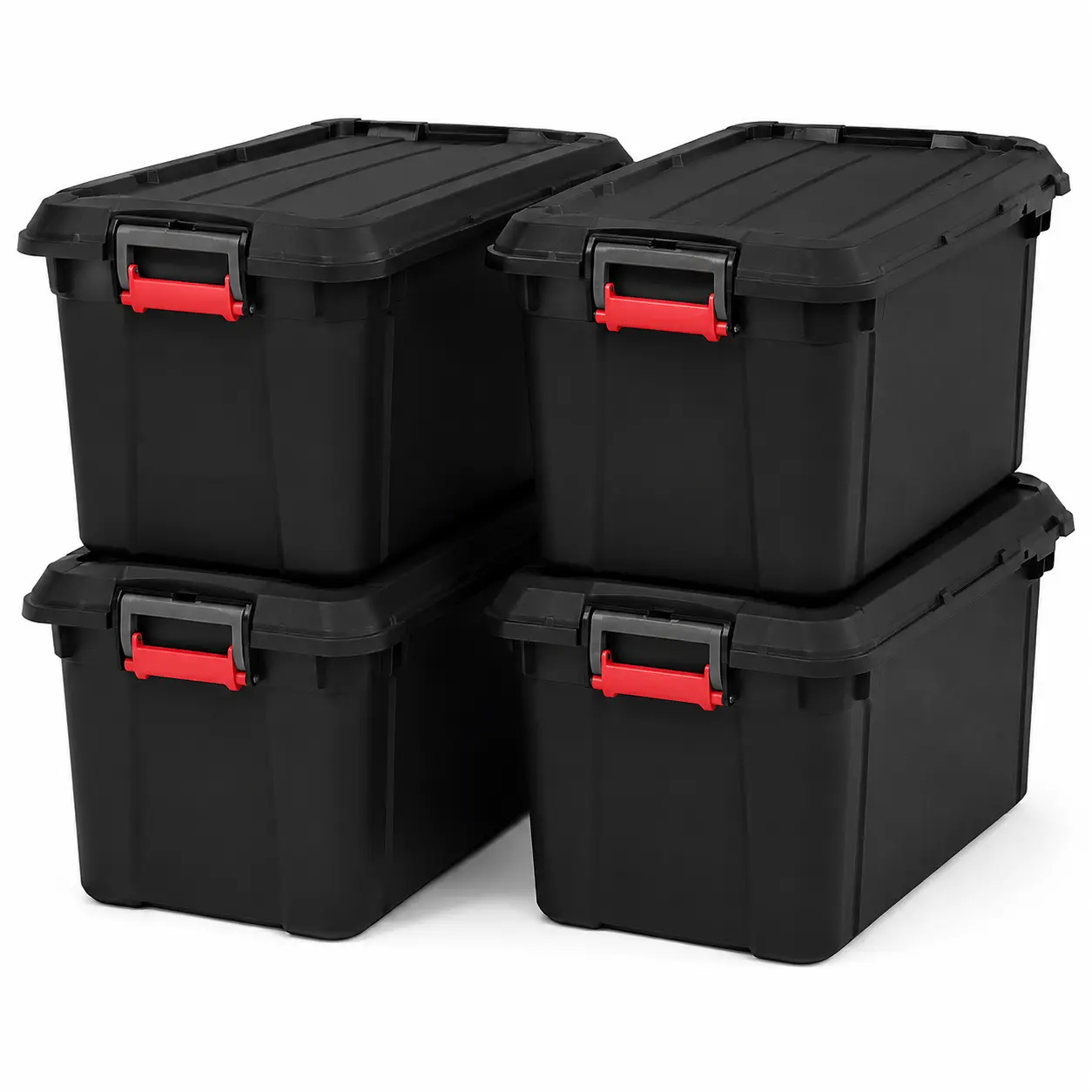 21 Gallon Heavy-Duty Stackable Storage Totes with Latching Lids, Set of 4 – Black Plastic Storage Bins with Handles, Lockable Lid, Weather-Resistant Seal for Garage, Home, Camping & Outdoor Gear