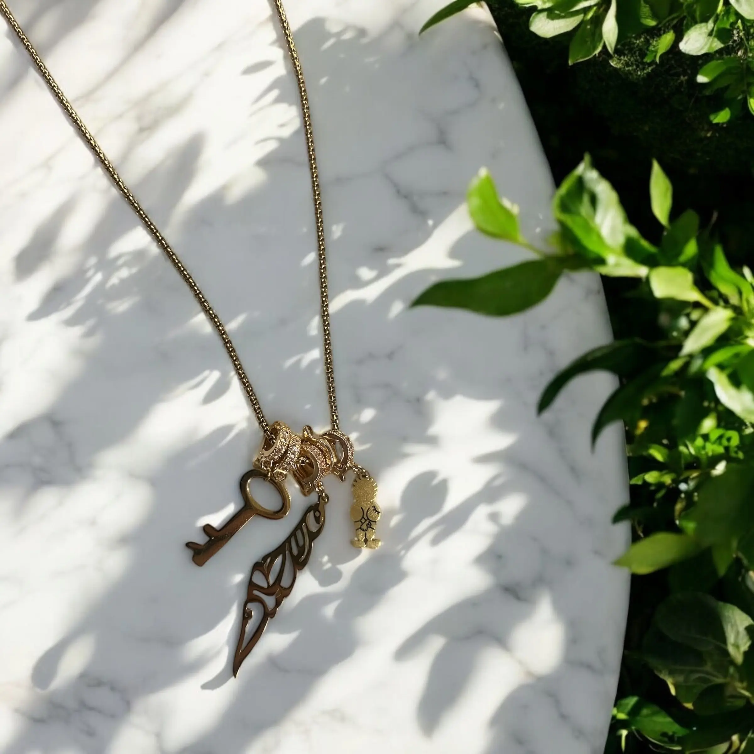 Palestine Charm Necklace – Handala, Calligraphy Map, Al-Awda Key | Gold