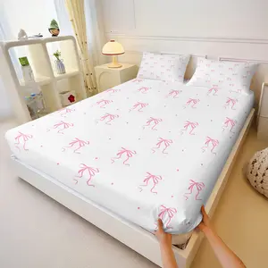 Pink Bow Princess Fitted Sheet Set,1 Fitted Sheet with 2 Pillow Cases,Girly Kawaii Bow Printed Bedroom Decor Bedding Set Soft and Breathable for Girls/Kids/Teens