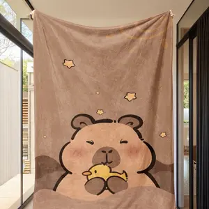 Warm Flannel Printed Blanket, Cozy Throw Blanket, Soft Fluffy Blanket, Cute Cartoon Capybara Pattern, Blankets for Sofa, Perfect for Sofa Bed Office Dorm Camping, Ideal Gift for Couples Family Pets