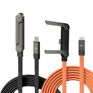 240w Super Fast Charging Data Cable, Foldable Phone Stand for iPhone 15-17 Android, Type C to C Braided 360° Rotating Charger Line