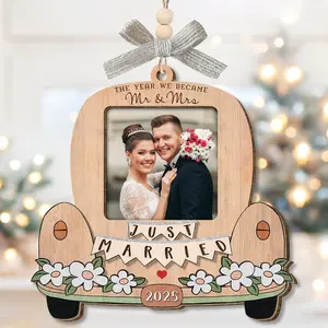 Just Married Personalized Christmas Ornaments - Wedding Gifts for Couples 2025, Bridal Shower Gift for Bride, Custom Wooden Ornaments with Picture, Newly Wed Gifts for The Couple Mr and Mrs Engagement