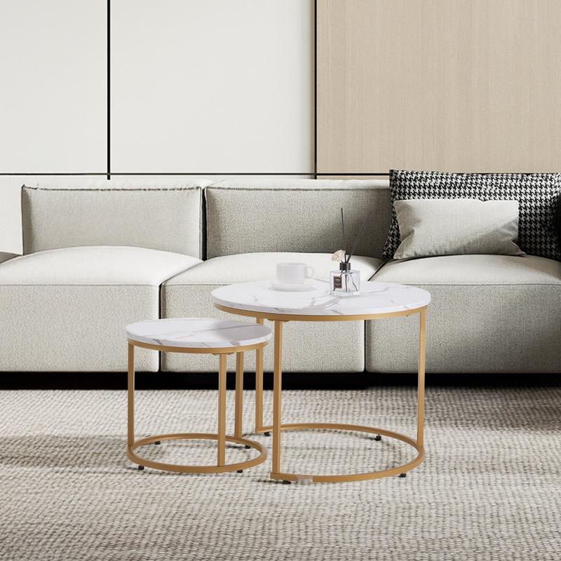 Nesting Coffee Table Set of 2, 23.6-Inch Round Coffee Tables for Small Spaces, Space-Saving Nesting Tables with Metal Frame, Vintage End Tables and Nightstand, Side Tables for Living Room, Bedroom and Office, White and Gold Finish