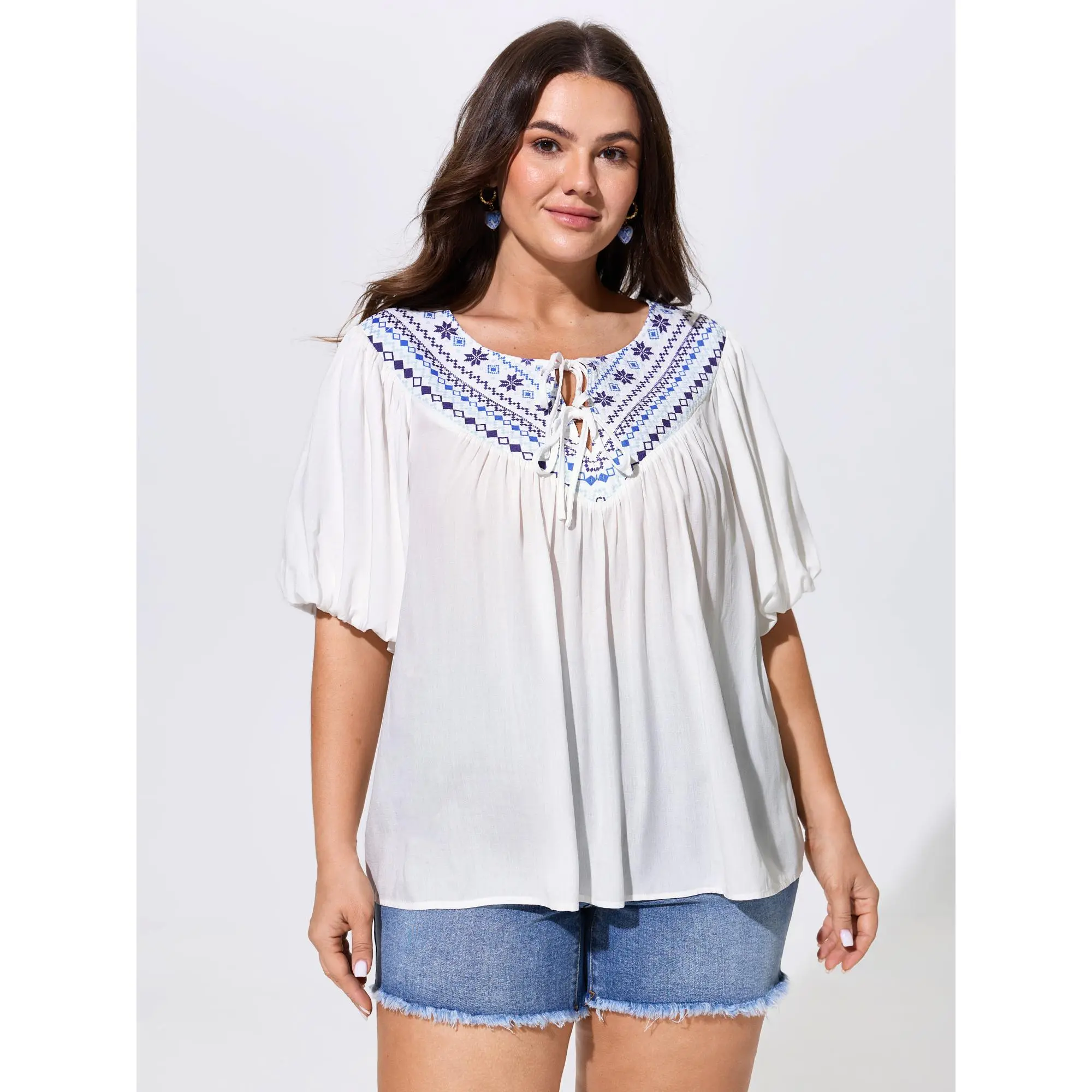 BloomChic Plus Size Boho Blouse, White Ethnic Floral Print Top in Smooth Rayon with a Neck-Tie and Short Lantern Sleeves, Garment, Shortsleeve, Lady, Fabric, Shirts, Bohemian Clothing
