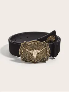 Women's Vintage Western Buckle Belt, Fashionable Texture Metal Bullhead Decor Belt for Jeans, Casual Waistband for Daily Use