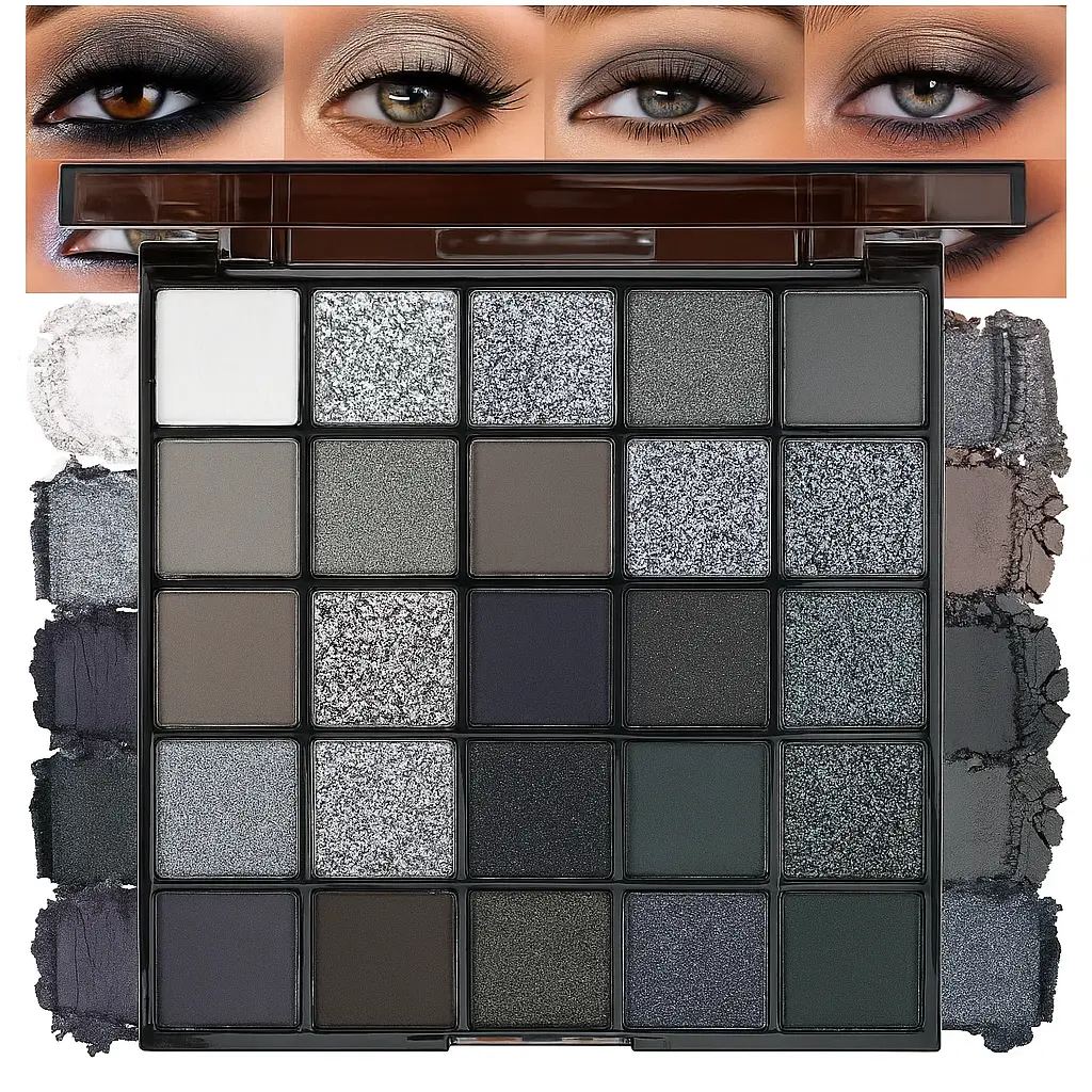 25-color Black Swan Eyeshadow Palette, matte and shimmery shades to create a natural look, long-lasting neutral tones in a transparent brown case