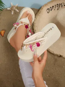 New Sweet Style Women's Wedge Sandals with Toe Post, Trendy Nautical Shell Design and Pearl Chain, Comfortable Waterproof Thong Shoes, Lightweight Sandal, Elegant Fashionable Sandals