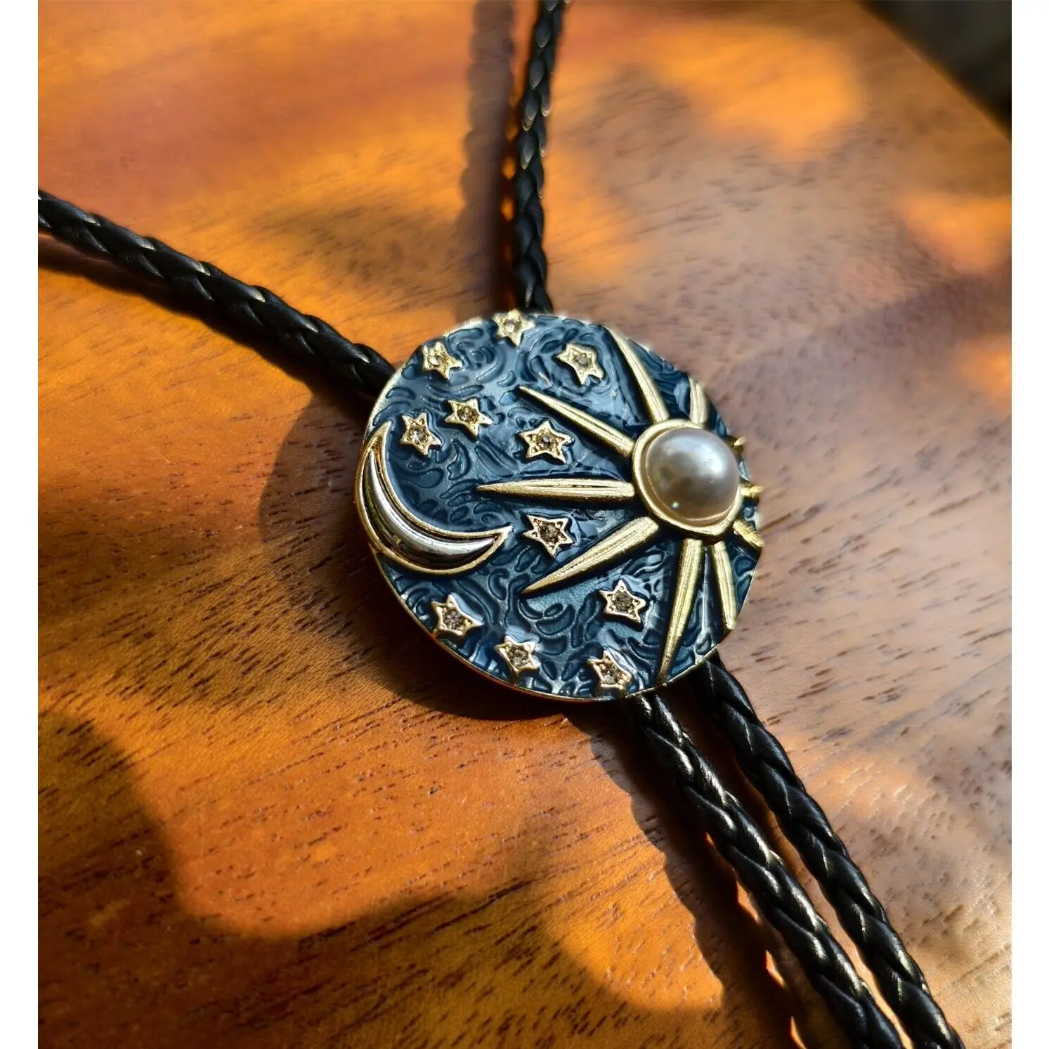 Pearl Sun Moon & Stars Bola Tie Bolo Tie - Leather Rope Wedding Necklace - Native American Style Necktie Gift for Him