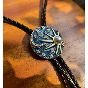 Pearl Sun Moon & Stars Bola Tie Bolo Tie - Leather Rope Wedding Necklace - Native American Style Necktie Gift for Him