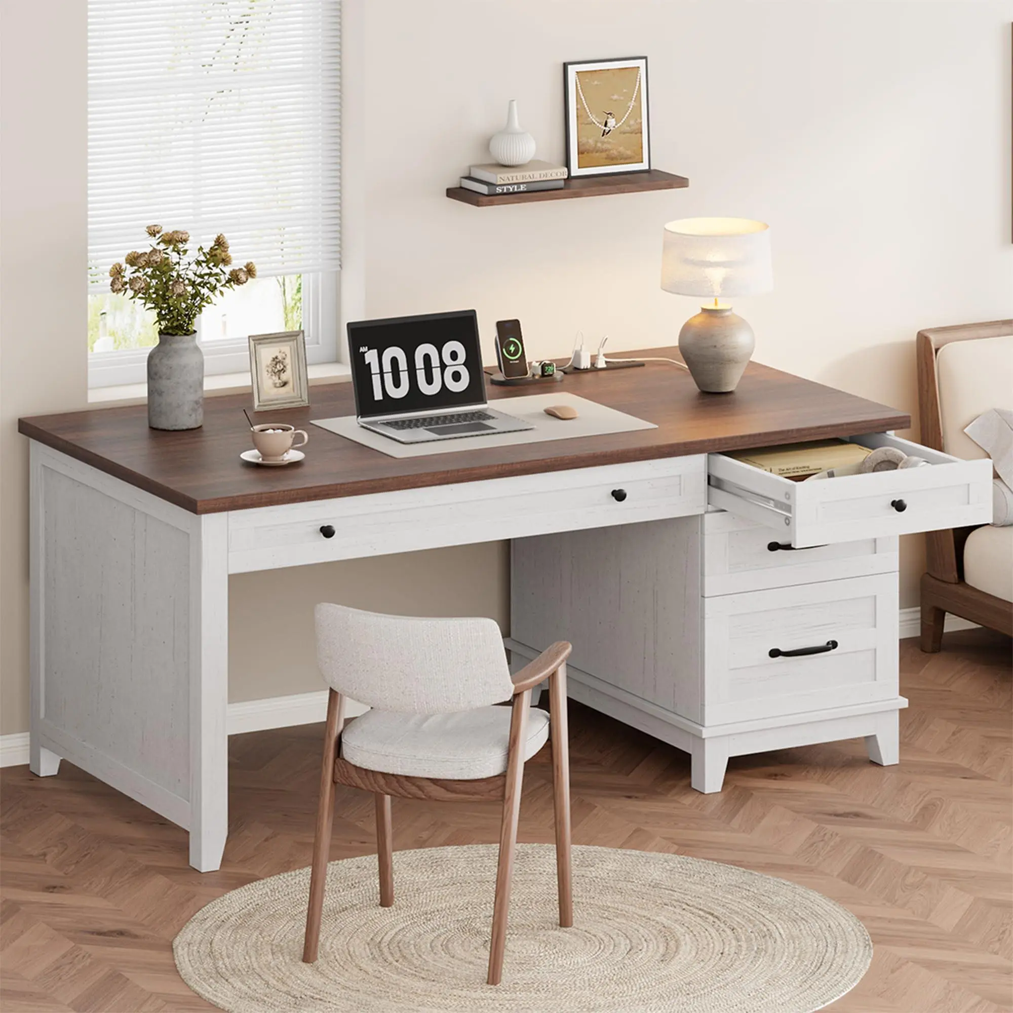 53.5in Farmhouse Executive Desk with Drawers, Adjustable File Cabinet & Power Outlets, White