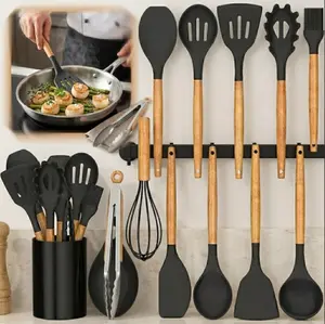 Kitchen Cooking Utensils Set, 33 pcs Non-Stick Silicone Cooking Kitchen Spatula Set with Holder, Wooden Handle Silicone Kitchen Gadgets Utensil Set (Black)