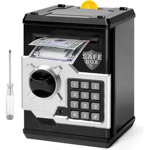 ATM Piggy Bank for Boys Girls, Mini ATM Coin Bank Money Saving Box with Password, Kids Safe Money Jar for Adults with Auto Grab Bill Slot, Great Gift Toy Bank for Kids (Black Silver)