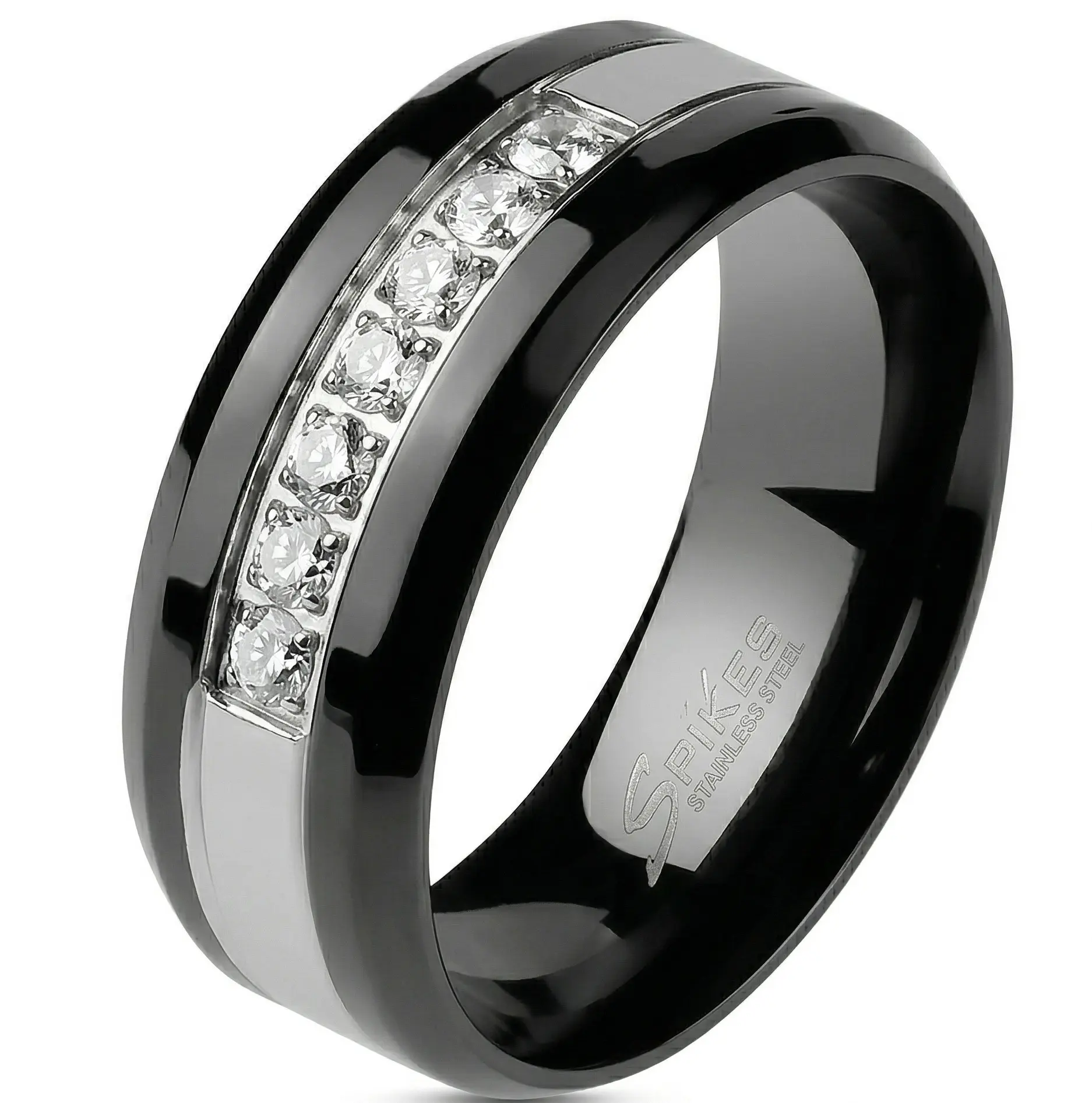 Lanyjewelry Men's Bold 2-Tone Stainless Steel 7-Stone Channel Setting Band - Scratch-Resistant Modern Masculine Wedding Ring, Polished Silver-Tone & Black Finish Stackable Engagement Ring (Multiple Sizes Available), Rings