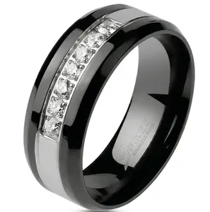 Men's Bold Two-Tone Stainless Steel 7-Stone Channel Set Band - Modern Masculine Wedding Ring with Polished Silver-Tone & Black Finish Stackable Engagement Ring