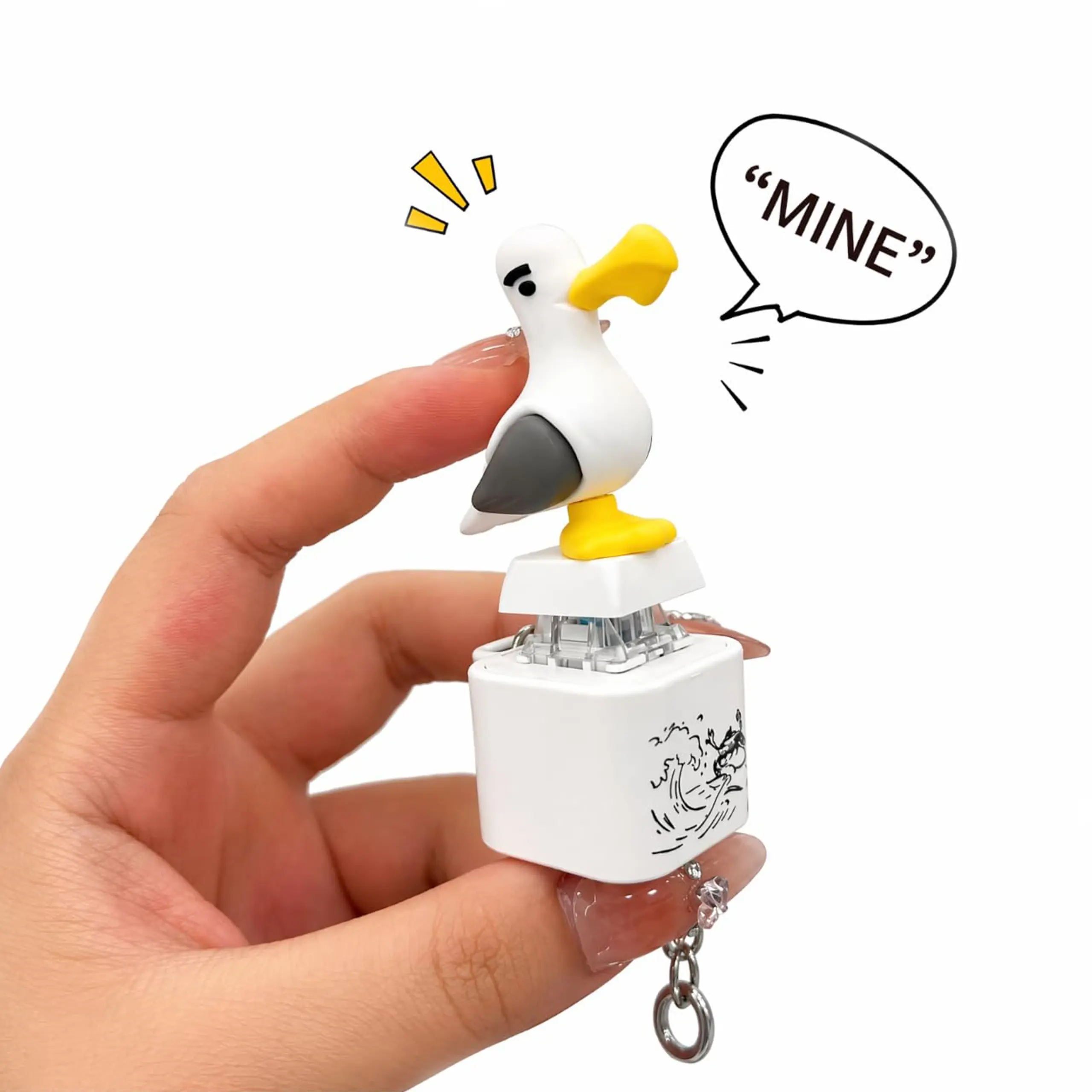 Seagull MINE! Plastic Button Keychain - Unique Nail Art Decoration Accessory, Playful Look Bird Figure, Sound Effect, LED Light, Interactive Gift for Friends' Birthdays, Single Item, Gift Idea, Family