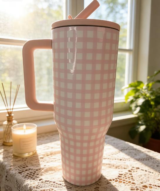 HydroJug 40oz Pink Gingham Tumbler with Handle & Lid - Stainless Steel Insulated Cup for Coffee, Water, & Travel Keeps Drinks Cold 24H Drinkware Flasks Mug Bottles Bottled Portable