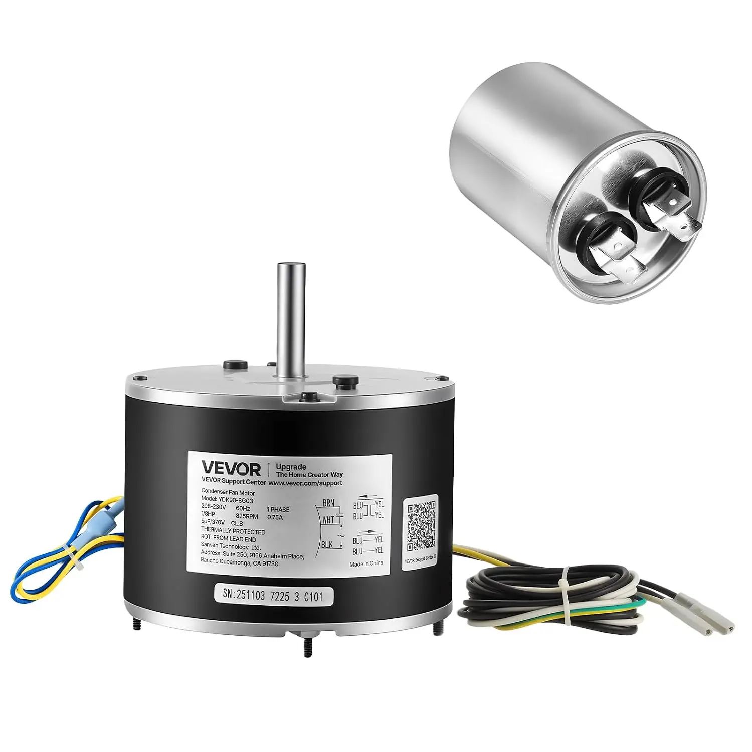 VEVOR Condenser Fan Motor with Capacitor, 1/8HP 825RPM 208-230V Replacement for GE Genteq Carrier Bryant Payne 5KCP39KFUA99S D159176P01 X70370245010 X70370245-01 5KCP39GGV570S, 1/8Hp Rpm