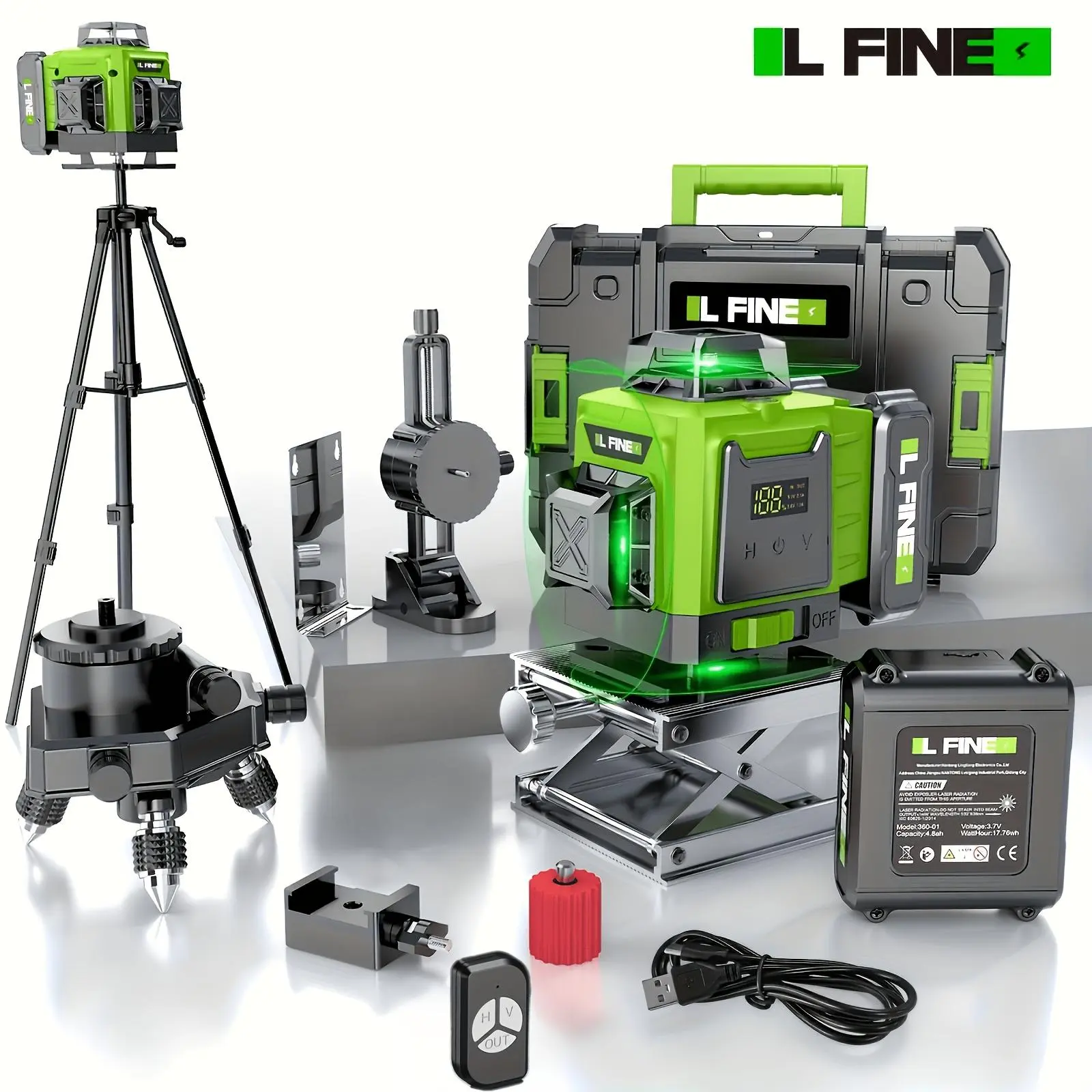 Strong Green Light Bracket Laser Level, Laser Level With Tripod, 4 X 360 Self-leveling Laser Measuring Tool Green Laser Digital Display Battery, 360 Self-leveling For Construction, Home Decoration, Picture Hanging.