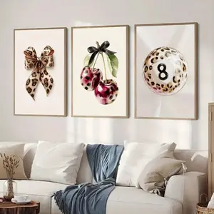 3 Pieces Optional Wooden Frame Trendy Girly Pink Wall Art Leopard Bow Cherry Black 8 Wall Poster Art Canvas Prints Canvas Painting Cherry Print Teen Living Room Decor Girl Gift Holiday Gift Physical Artwork Decoration