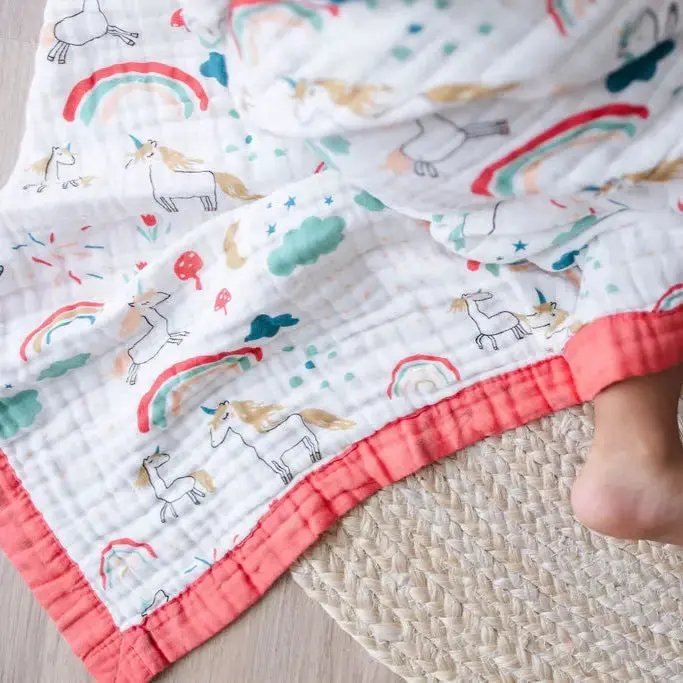 Cotton Muslin Baby Quilt - Rainbow & Unicorn (Red Trim)