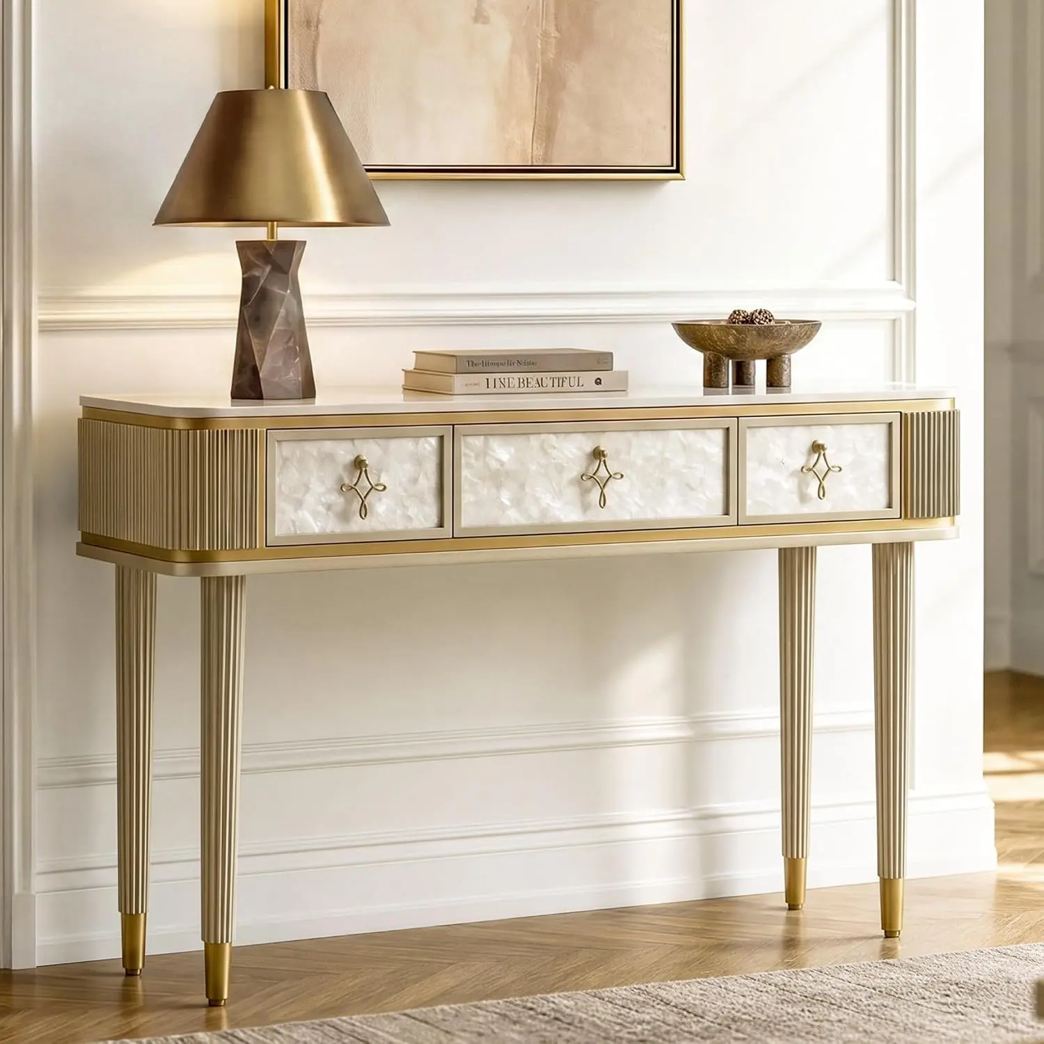 47 in Rectangular Console Table - Fully Assembled Entryway Sofa Desk with Natural Shell Veneer, Sintered Stone Top, Gold Accent 3-Drawer Storage Cabinet, Legged Base for Storage Organization, Hallway, Living Room