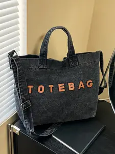 Casual Fashion Large Capacity Letter Design Denim Tote Bag, Handheld Shoulder Crossbody, Perfect for Daily Outing Work Commute