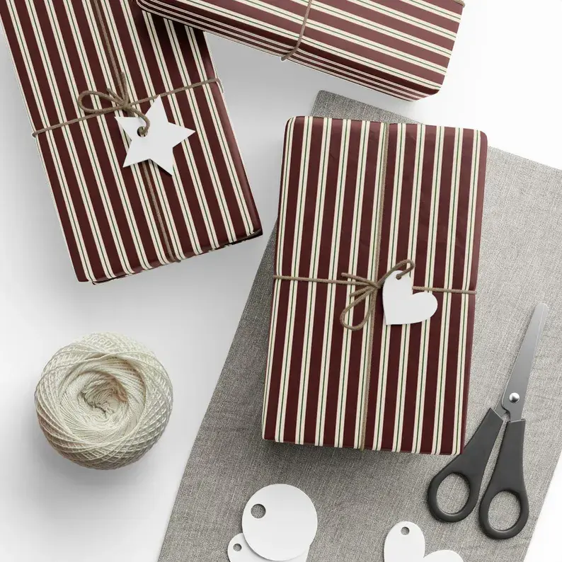 Burgundy Stripe Wrapping Paper Roll Christmas Gift Wrap Elegant Holiday Paper