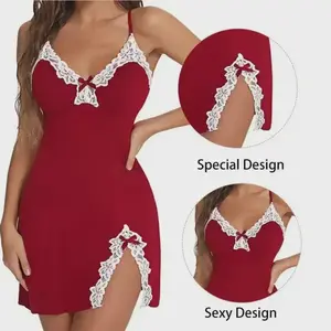 Women Nightdress Sexy Lace Chemise Bow Nightgown Sleepwear V Neck Full Slip Babydoll Lingerie Sleep Dress Sexy Costume Lenceria