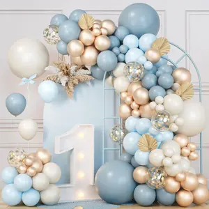 Macaroon Blue Balloon Garland Arch Kit,111pcs Dusty Blue Latex Balloon,Champagne Gold Confetti Balloon Wedding Decoration,Birthday Baby Shower Decor