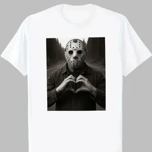 Funny Jason Horror Character Selfie Halloween Meme Tee, Jason Heart Hands Shirt, Retro Horror Character Tee Menswear Top