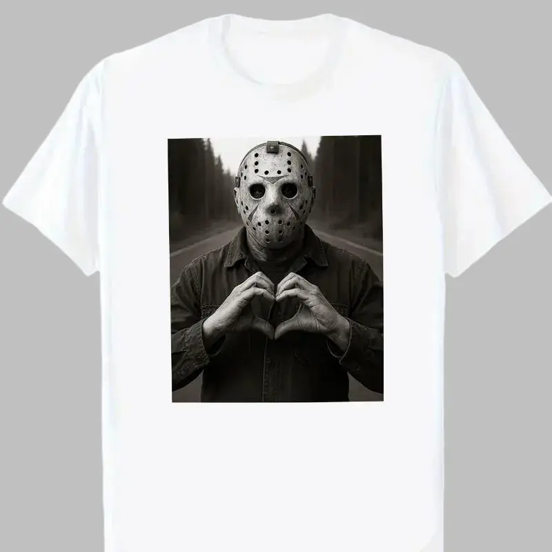 Men's Cotton Casual Short-Sleeve T-Shirt - Funny Jason Horror Character Selfie Halloween Meme Top, Jason Heart Hands Retro Tee