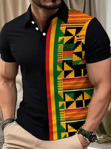 Men's African Print Polyester Polo Shirt, Vibrant Colors, Lightweight Durable, Casual Office Wear, Comfortable Short Sleeve, All Seasons
