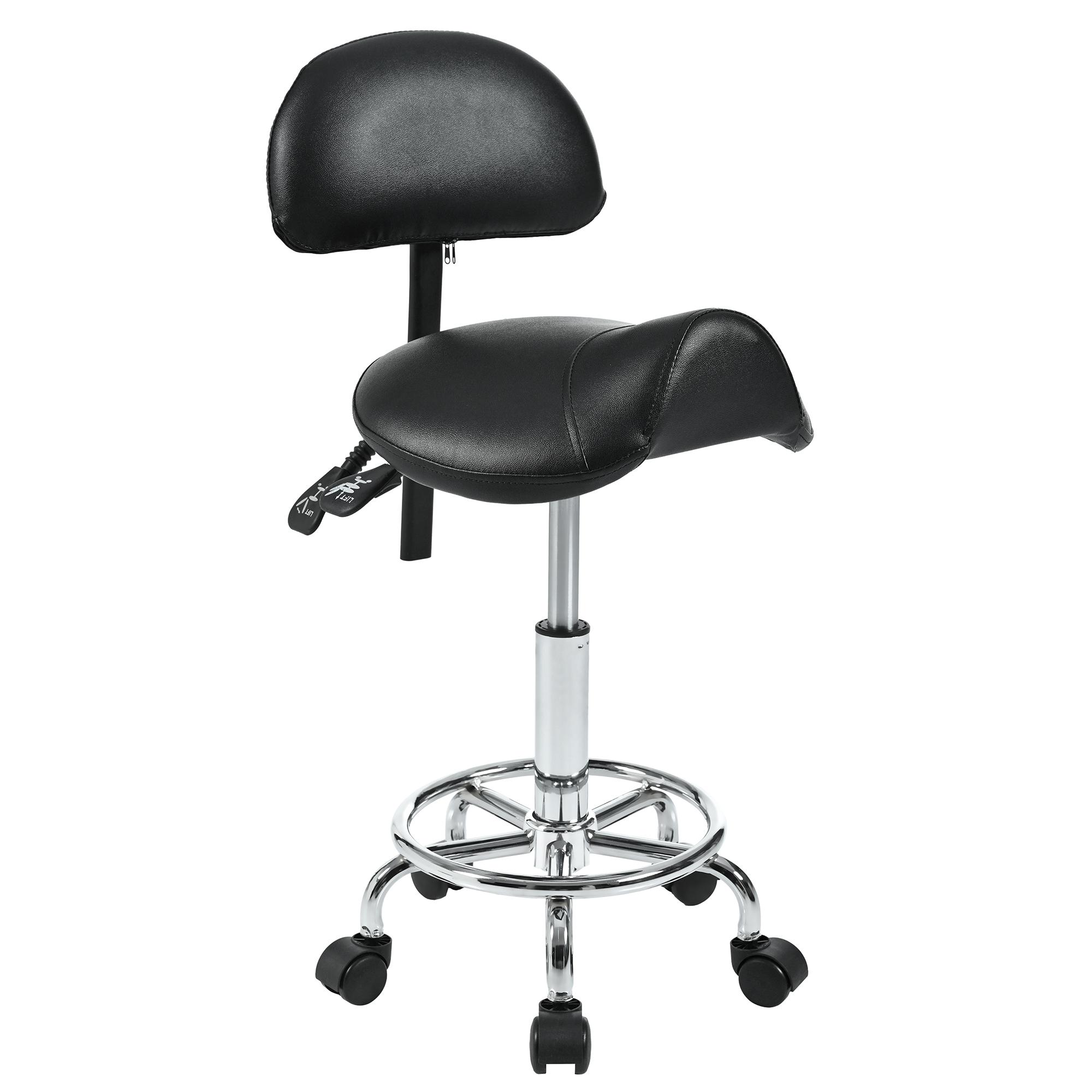 Saddle Stool with Back Support, Rolling Stools with Foot Rest, Ergonomic Adjustable Stool with Wheels, Backrest Adjustable Height & Angle for Salon Spa Tattoo Massage Swivel Stool Chair