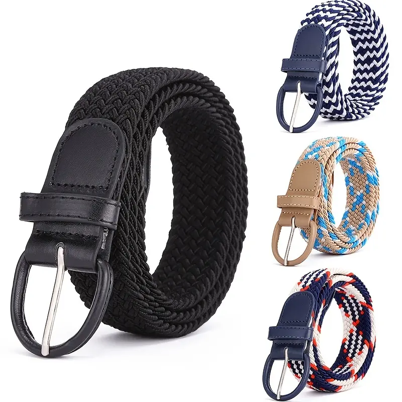 1pc Unisex Elastic Braided Belt with Classic Pin Buckle - Black, Blue & White Houndstooth, Navy Blue, Light Blue & White, Orange & White Striped Designs for Casual, Jeans, and Casual Attire, Sporty Belt | Stylish Belt | Durable Buckle, Belt