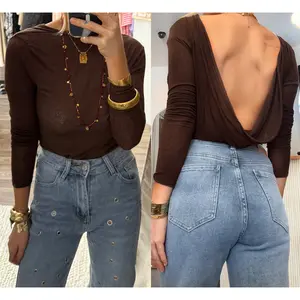 Women's Backless Tops Stylish Solid Boat Neck Long Sleeve Blouse for All Seasons