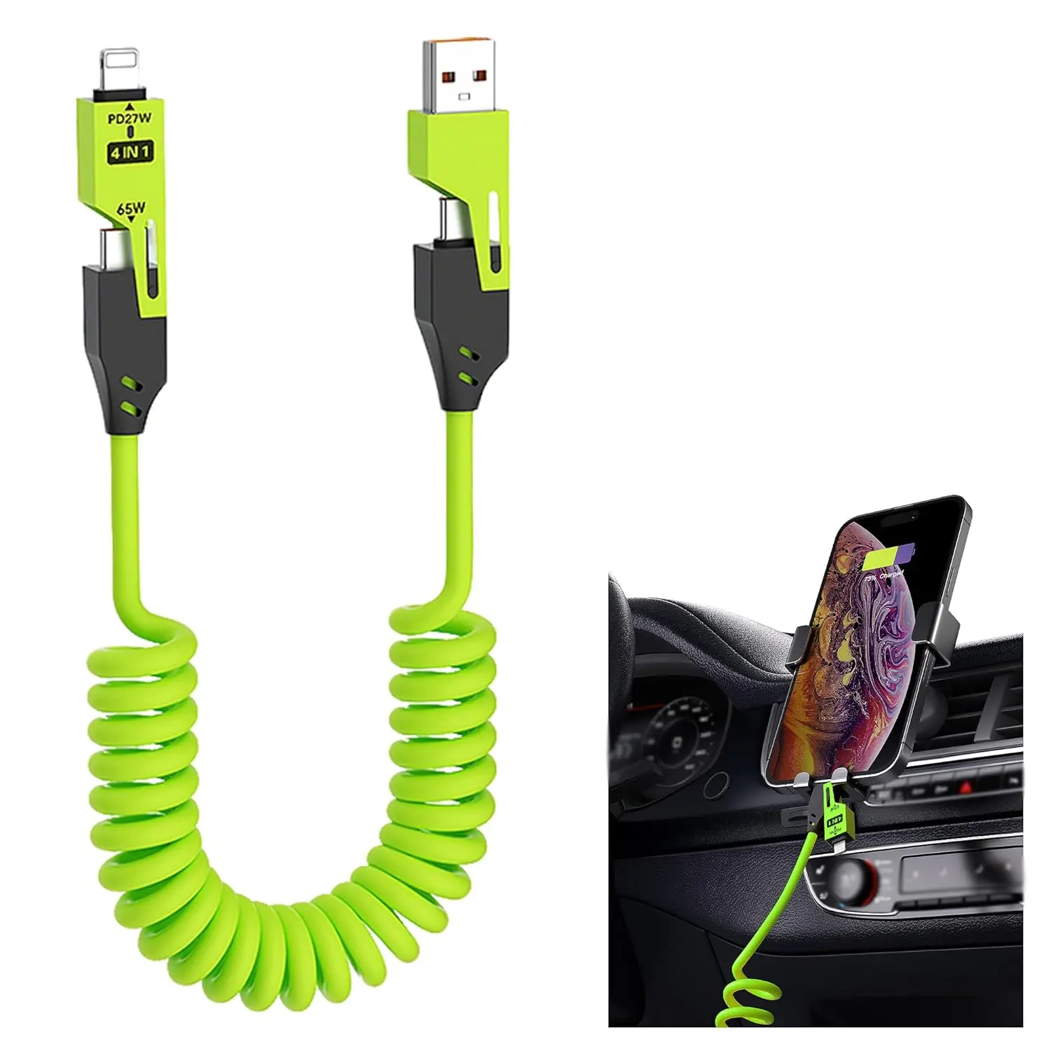 4-in-1 Spring Fast Charging Cable 4-Foot 65-watt Winding car USB Data Cable for Smart Phones, laptops, etc. Wound Silicone Design, Apple and Type-c Interface