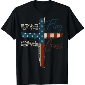 Men's 100% Cotton Casual Round Neck Short-Sleeve Streetwear Top, USA Flag Christian Faith 4th of July Religious Quote T-Shirt
