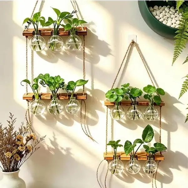 Boho Rope Hanging Plant Propagation Station – Wall-Mounted Bulb Vases