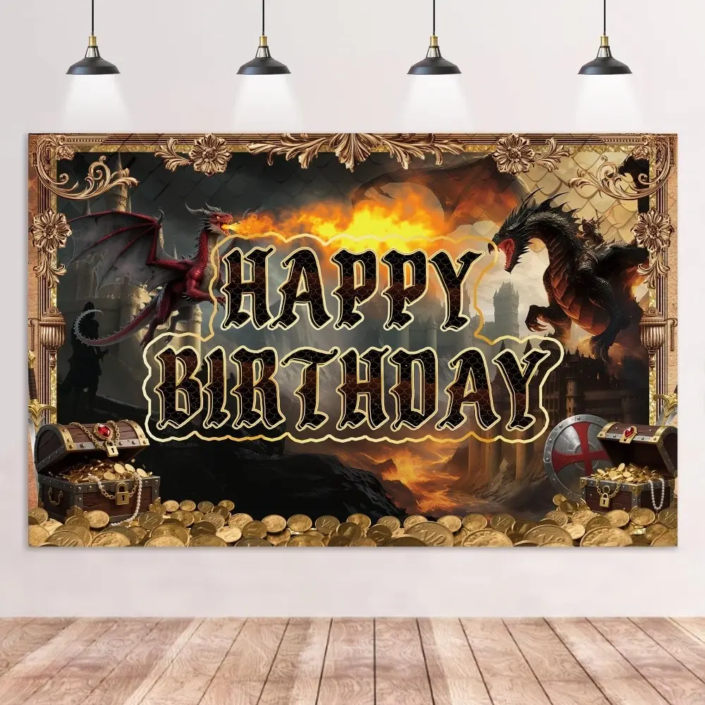 2D flat banner 1pcsDragon Birthday Party Decorations Banner - Happy Birthday Medieval Dragon Theme Decoration Backdrop, Dragons Castle Flame Party Supplies Photo Background for Props Outdoor Door Portrait Photography Studio Professional Backdrops